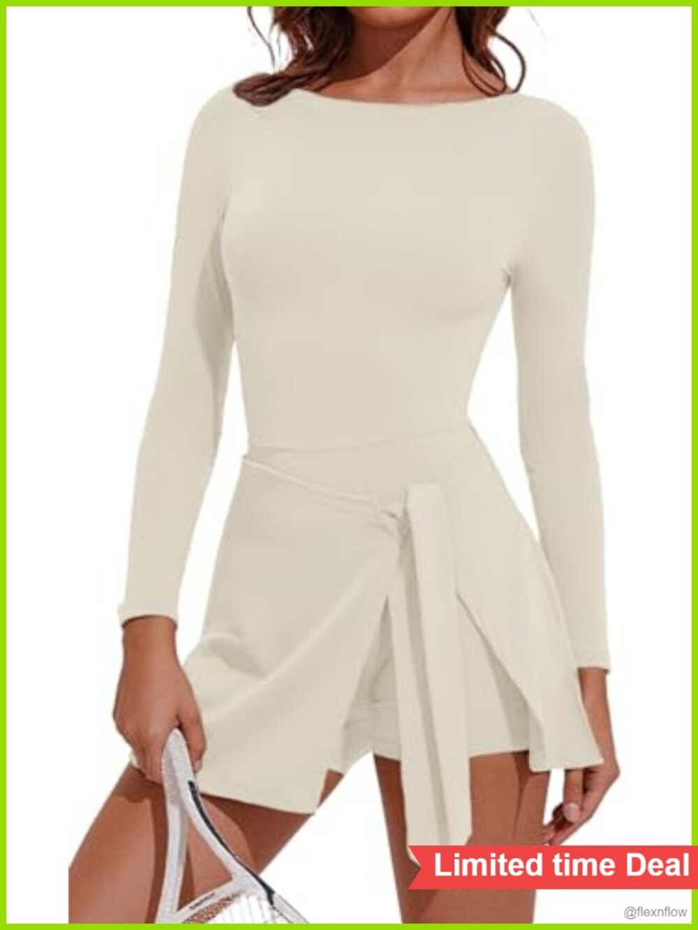 Long Sleeve Tennis Dress with Built-in Shorts U-Shaped Back Knot Front